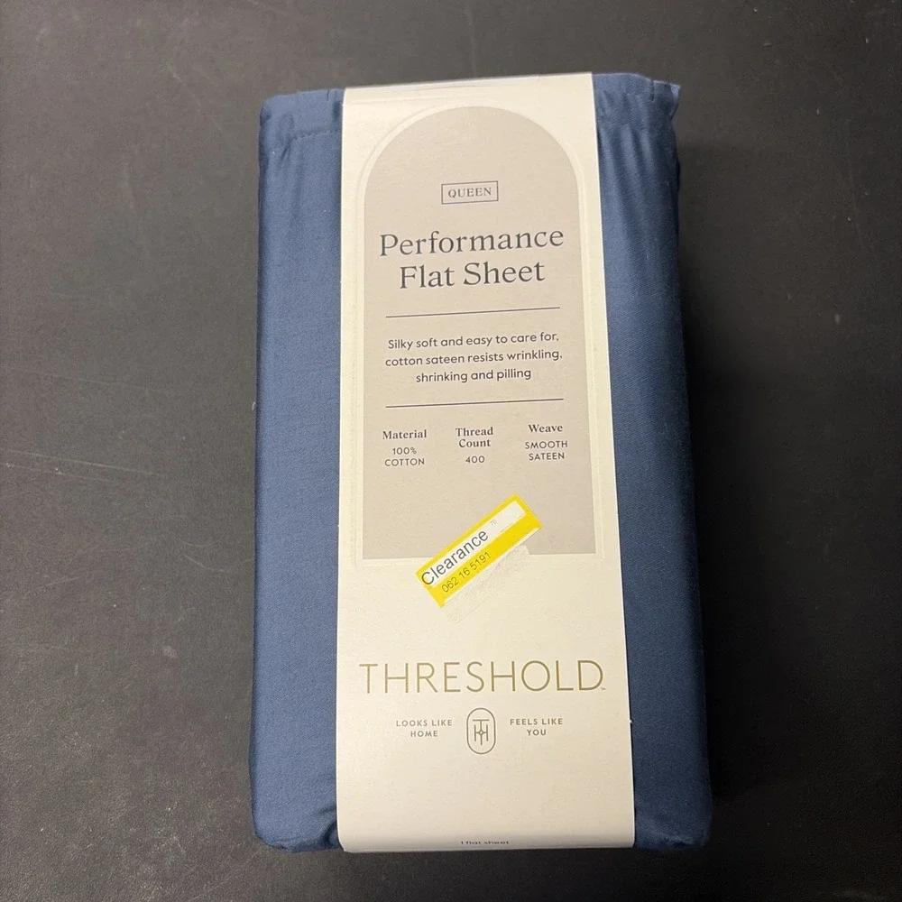Threshold Performance Cotton Sateen QUEEN Flat Sheet Blue 400 TC Smooth 20563
